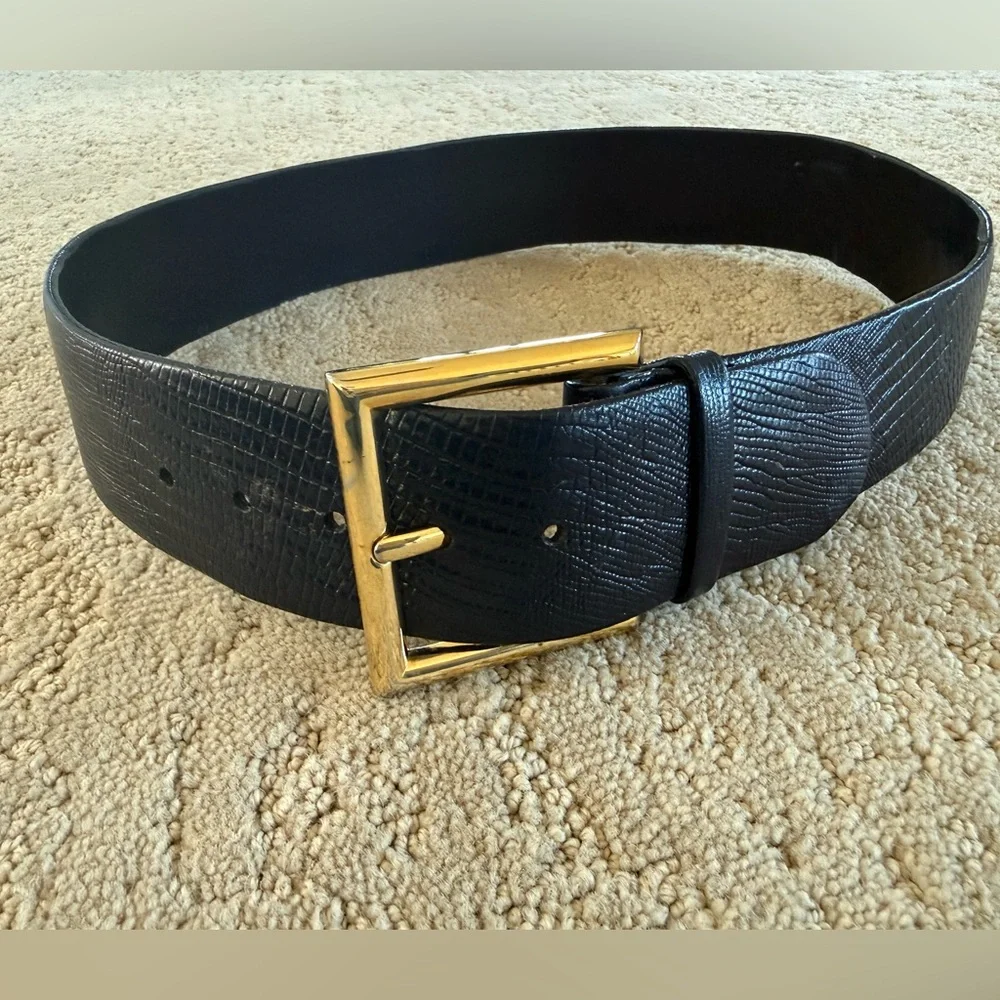 Vintage Lizard Leather Belt Black Gold Buckle Curved Waist Ralph Lauren Style - Picture 11 of 11